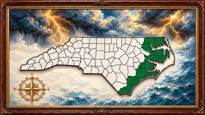 Painted map of North Carolina with the coastal FORTIFIED service counties in green