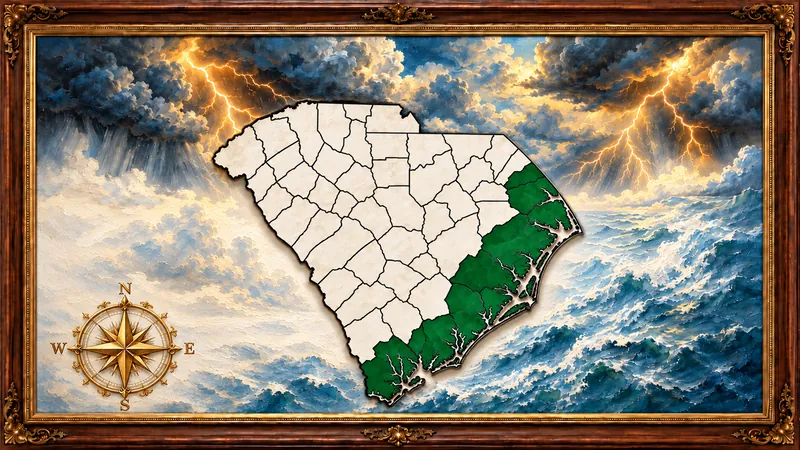Painted map of South Carolina with the coastal FORTIFIED service counties in green