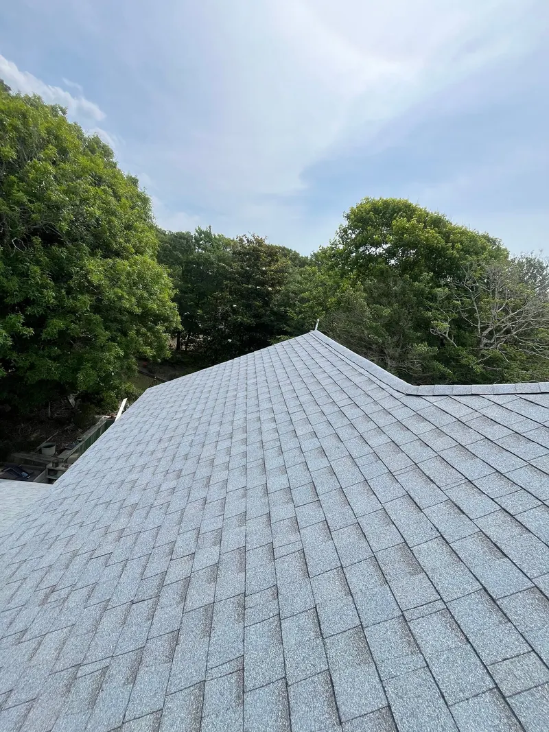 Finished light gray shingle roof seen from above, with trees beyond